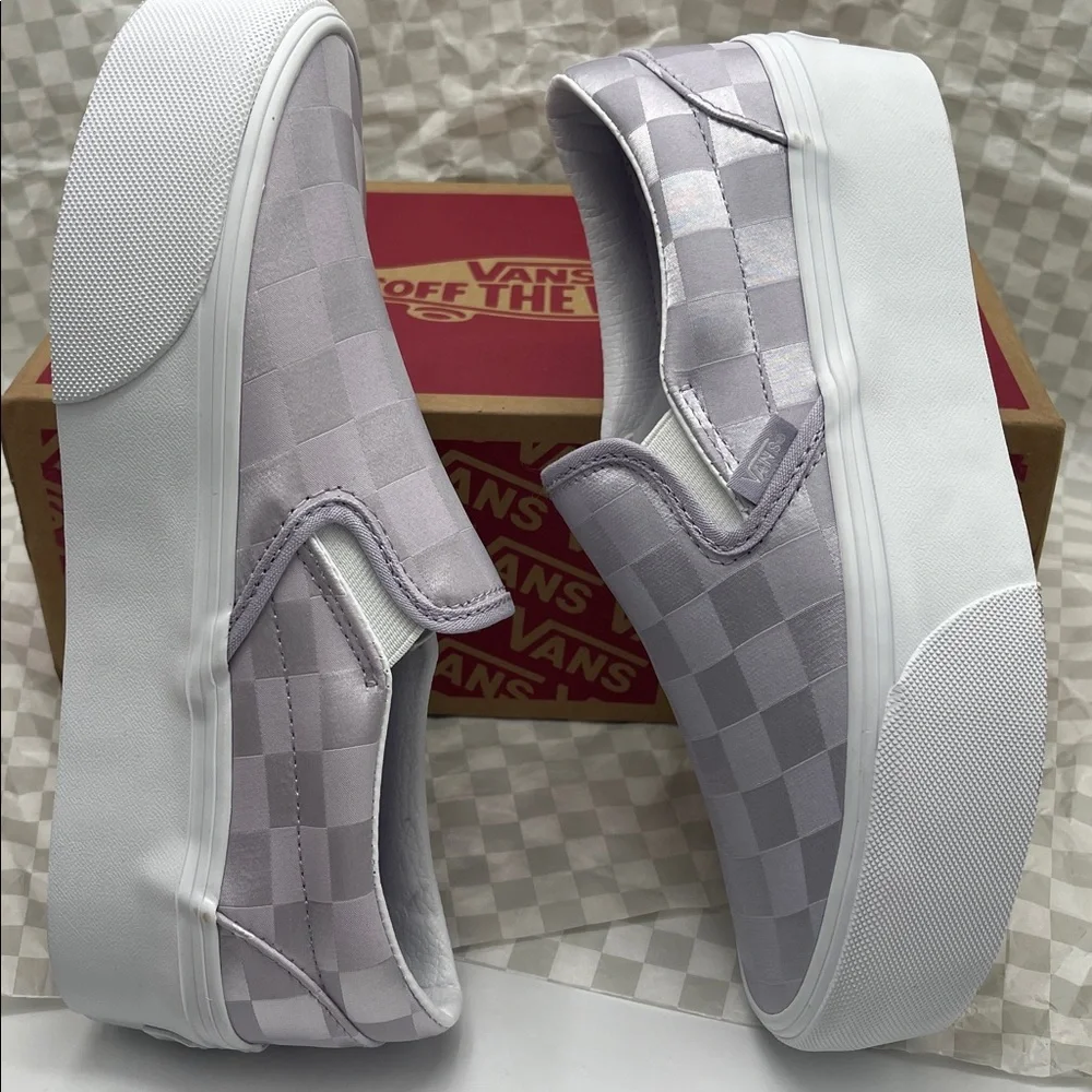 Vans Platform Sneakers Classic Slip-On Stackform Satin Checkerboard Lilac